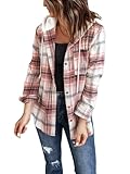 LACOZY Damen Flanell Kariert Shirts Hoodies Langarm Oversized Buffalo Plaid Sweatshirt Knopfleiste Jacke Pullover, rose, S
