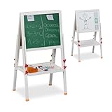 Relaxdays Lavagna per Bambini Kinderstandtafel, höhenverstellbar, magnetisch, Whiteboard & Kreidetafel, HBT: 81-104 x 45 x 42 cm, Holz, weiß