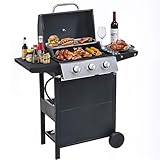 Tufons 3-Brenner Propangasgrill mit Warmhalterost, Edelstahl Gasgrill mit 25.650 BTU Ausgang für Outdoor, Camping, Grillen und Kochen im Garten, Schwarz