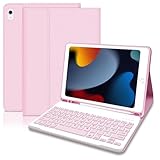 Hofsos Hülle mit Tastatur für iPad 10.2 Zoll 9 Generation 2021 - QWERTZ Layout Keyboard, Magnetische Abnehmbare Schutzhülle Tastatur mit Pencil Halter für iPad 9/8/7, Air 3, Pro 10.5, Rosa