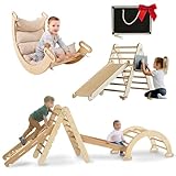 Goodevas 5in1 Montessori Klettergerüst Set: Indoor Kletterdreieck, Kletterbogen mit Kissen, Kletternetz und Rutsche für Kinder 1-7 Jahre (XL-Größe)