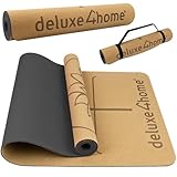deluxe4home® Yogamatte Kork Gymnastikmatte I TPE Fitness Matte Rutschfest mit Tragegurt I Sportmatte für Yoga & Pilates I Trainingsmatte mit Ausrichtungslinien (Schwarz)