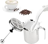 Edelstahl Double Mesh manuelle Milchaufschäumer, 800ml Milchaufschäumer Manuell zur Herstellung von Kaffee Cappuccino Schaummilch, 20X10X9,5CM