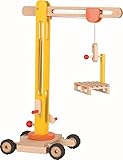 goki Drehkran aus Holz - 64 cm, 360° schwenkbar, mit Gummibereifung und Zubehör - Robustes Material, leichtgängige Kurbeln, inklusive Holzpalette und Palettengabel, sicher für Kinder ab 3 Jahren