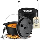 JAXX Dutch Oven Set mit Zubehör | 7 Liter | Eingebrannter BBQ Gusseisen Topf für offenes Feuer, Gas-/Kohle-Grill, Backofen und alle Herdarten inkl. Induktion | Mit Deckelheber, Untersetzer, Tasche