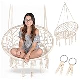Campela Hängesessel Boho Ecru - Schaukel Storch Quastennest | Hängemattensessel für Wohnzimmer, Garten, Balkon | Boho Stil | Max 150 kg | Für Innen mit Verschluss und Oberteil