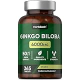 Ginkgo Biloba 6000 mg Hochdosiert | 365 Vegane Tabletten - 1 Jahr Vorrat | Premium Qualität Gingko | Natürlich | 50:1 Extrakt | von Horbaach