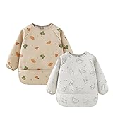 Zonoori 2 Pcs Lätzchen Baby mit Ärmeln, PU Wasserdichtes Latz mit Ärmel, Babylätzchen Ärmellätzchen von 6 bis 24 Monaten