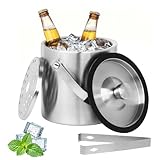 1.6L Eiswürfelbehälter, Eiskübel mit Deckel,Eiswürfelbehälter Edelstahl mit Clips und Sieb, Tragbar Eiskühler, Perfekt zum Kühlen von Bier, Champagner und Wein (1.6L)