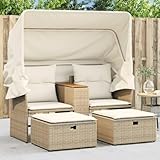 LAPOOH Gartensofa 2-Sitzer mit Dach und Hockern Beige Poly Rattan, Gartenlounge, Garden Sofa, Balkonmöbel, Gartenmöbel, Loungemöbel - 365802