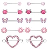 JeryWe 5 Paare 14G Nippelringe für Frauen Mädchen 316L Edelstahl Brustwarzenpiercing Schmuck CZ Blume Herz Schmetterling Nippelringe SetRosa