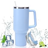 Doppelwandiger Edelstahl Vakuum Isolierbecher 40oz 1200ml Tragbare Autobecher Becher Tumbler mit Griff und Strohhalm Kaffeebecher Reisebecher Thermobecher Für Kalte Heiße Getränke (blau)