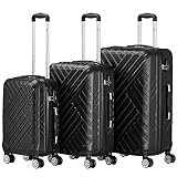 Zelsius Koffer Set 3 Stück, Schwarz | ABS Hartschalenkoffer mit Zahlenschloss, Doppelrollen und Innen Trennwand | Handgepäckkoffer, Hartschalenkoffer Set 3 teilig, Trolley, Koffer Groß, Luggage Set