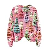 Weihnachtspullover Damen Lustig 3D Drucken Weihnachten Sweatshirt Langarm Rundhals Niedlich Pullover Mit Weihnachtsmuster, Damen Xmas Hässliches Pullover Weihnachtspulli Christmas Ugly (03-Pink, L)