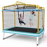 COSTWAY 3 in 1 Kindertrampolin, Gartentrampolin rechteckig mit Schaukel & Reckstange, Fitness Trampolin mit Sicherheitsnetz & Randabdeckung, Trampolin Outdoor für Kinder ab 3 Jahren (Blau + Gelb)