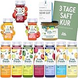LiveFresh Saftkur 3 Tage + Bio Gemüsebrühe – 21 Säfte (250ml) & 9 Shots (60ml) kaltgepresst¹ + 3 x Bio Gemüsepaste (135g) – 743 Kalorien pro Tag – Frisch gepresste Fruchtsäfte – 5,25€ Pfand