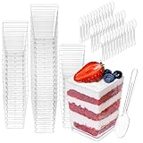 LUXECOVE 50 Dessertbecher mit 50 Löffeln, Dessertbecher, quadratisch, transparent, Dessertschale, 160 ml, Puddingbecher, wiederverwendbar, geeignet für Dessert, Pudding, Tiramisu