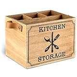 Novaliv Utensilienhalter Küche mit 4 Fächern und Ledergriffen/hochwertiger Besteckkorb Holz 17 x 12,5 x 12,5cm / Besteckkasten für Küchenutensilien oder als Dekoration