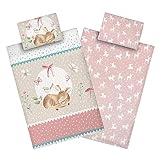 Aminata kids Kinderbettwäsche 100x135 Mädchen REH-Kitz Waldtiere Tier-Motiv Kinder-Wende-Bettwäsche-Set Rose zart-rosa Baby