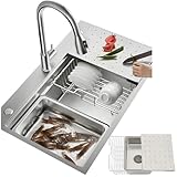 50 cm breites großes Edelstahlspülbecken, quadratisch, inklusive Seifenspender und Siphon, Einbauspüle mit Hahnloch, 1 Becken, Arbeitsplatten-Einbauspüle mit Siphon und Überlauf und Abfluss