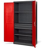 Jan Nowak Werkzeugschrank TC02AM Werkstattschrank mit Schubladen Flügeltüren Metallschrank 3 Fachböden Pulverbeschichtung 185 cm x 92 cm x 50 cm (Rot)