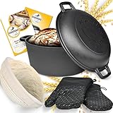 BROTBACKFEE® Gusseisen Topf mit Deckel Brot backen Brottopf zum backen [5 in 1 Gärkorb, Ofenhandschuhe, Rezepte, Anleitung] Brotbackform rund, Gusseisentopf, Brotbacktopf, Brotbackset, Brotform