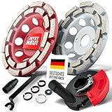 Absaughaube + 2x Diamantschleiftopf-Set für Winkelschleifer | Profi Schleifer-Zubehör Set, Diamant-Schleiftopf ideal für Beton & Naturstein schleifen & Fliesenkleber entfernen mit Absaugung