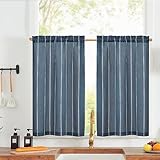 Vangao Nautische Scheibengardinen Küche Gestreifte Leinenoptik Gardinen,Kurzer Vorhang Modern Boho Küchenvorhang,Lichtfilterung Fenstergardinen für Wohnzimmer Badezimmer 65Bx90H(cm) 2er Set Blau