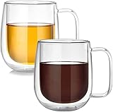 Kaffeetassen aus Glas, Teegläser Doppelwandig 2 x 350 ml Teegläser mit Henkel – Doppelwandige Teegläser, Kaffegläser, Thermogläser Glas, Cappuccino, Latte Macchiato, Tee, Milch, Saft, Eis Tassen