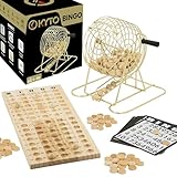 Großes Bingo Spiel Gold Metalltrommel 150 Chips, 75 Bingo Kugeln und Spielbrett aus Holz, 18 stabile Bingokarten + 500 Bingokarten Papier Erwachsene Kinder