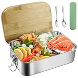 ADNEWX 1500ml Edelstahl Brotdose, Große Kapazität Lunchbox mit Bambusdeckel Nachhaltige Umweltfreundliche Brotzeitbox für Erwachsene Kinder Alltägliche Familienpicknick, Mit Besteck