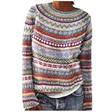 Norweger Pullover Damen Wolle, Winterpullover Damen Warm Elegant Winter Kaschmir Pullover Große Größen Sweatshirt mit Aufdruck Rundhals Bequem Wollpullover Langarm Strickpullover Casual Wollpulli