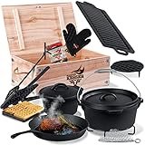 KESSER® Dutch Oven Set 12-teilig in Holzkiste Mit viel Zubehör Inkl. Waffeleisen Gusseisen - bereits eingebrannt mit Kochtopf Grillplatte Pfanne Deckelheber Inkl. Rezeptbuch Handschuhe