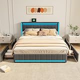 BRYXR Polsterbett 160x200 cm mit LED-Kopfteil, USB-Ladefunktion und Lattenrost, 4 praktischen Schubladen und stilvollem Design,Ideal für Jugendzimmer und Moderne Räume,Ohne Matratze