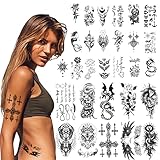 ACWOO Temporäre Tattoos, 40 Blätt Schwarz Temporäre Aufkleber, Blume Löwe Wolf Tiger Elch Alphabet Wasserfest Tattoo, Temporary Fake Tattoos für Frauen und Männer, Wasserdicht Tatoo für Arm Brust Bein