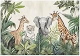 WallArena - Vlies Fototapete Kinderzimmer 300x210 cm Dschungel Tiere - Fototapeten Tapeten für Kinder Mädchen & Jungen - Kindertapete - Kinderzimmertapete Wald Giraffen Elefanten
