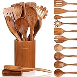 Mooues 12 Stück Holzlöffel zum Kochen, Holzutensilien zum Kochen mit Utensilienhalter, natürliches Teakholz, Küchenutensilien-Set mit Holzlöffelablage, Komfortgriff