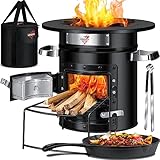 KESSER® Raketenofen inkl. Grillpfanne aus Gusseisen, Grillzange & Tragetasche | Dutch Oven 6 integrierte Spikes | BBQ Rakete Holzofen Camping | Outdoor-Campingkocher Campinggrill Edelstahl Schwarz