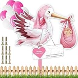 Klapperstorch Baby,Storch Geburt Für Draussen,Klapperstorch Set zur Geburt Baby,Großer niedliche Holz Klapperstorch,beidseitig bedruckt,Geburtsstorch inkl,Holzstab+ Namensschild Grußkarte+Luftballons