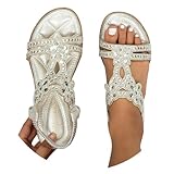 Sandalen Damen Sommer Elegant Flache Strass Bohemia T-Riemen Frauen Sandalen Weichen Sohlen Sommerschuhe Glitzer Flip Flops Gummiband Slingback Sandalen Mädchen Strandschuhe