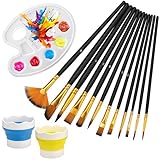 12 Stück Aquarellpinsel, mit 2 Stück Pinselbecher und 1 Stück Mischpalette, Pinselset, Aquarellpinsel Set, Pinselset Acrylfarben, Pinsel Set für Acryl, Aquarell, Ölgemälde, Gouache, Steinmalerei