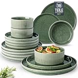 GBhome Geschirrset 6 Personen, 18-tlg Reaktive Glasur Handarbeit Steingut Geschirr Set, Mikrowellen- & Spülmaschinenfest Schüssel- und Teller Set, Immergrün