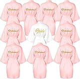 10 Stück Damen Satin Kimono Braut Badmantel mit Gürtel, Brautjungfern Roben für Hochzeit Party, Brauttag Morgenmantel, Braut Nachtwäsche (Pink, Weiß)