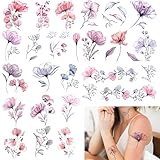 Jeffdad 20 Blätter Blumen Temporäre Tattoos Aufkleber, Wasserfeste Klebetattoos für Erwachsene Zum Auf Die Haut, Aquarell Blumenblätter Fake Tattoo Aufkleber Realistische Bunt Flower Haut Tattoos