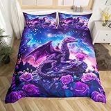 Bettwäsche-Set mit Blüten- und Rosenmotiv, für Doppelbett, violetter Drache, Kinder-Bettwäsche-Set für Jungen und Mädchen, Raumdekoration, Galaxie, Sternenhimmel, Nebel, 2-teilig, glitzernd,