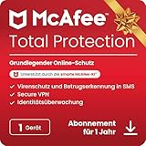 McAfee Total Protection 2024 | 1 Gerät | Virenschutz- und Internet-Sicherheitssoftware | inkl. Unlimited VPN und Dark Web-Überwachung | 1-Jahres-Abonnement | Download-Code