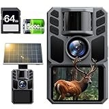 FKPCAM 4K 64MP Wildkamera Solar, Eingebaute 5000mAh Lithium-Batterie mit 64GB Speicherkarte, Wildtierkamera mit Nachtsicht, 0.1s Auslöser Bewegungsaktiviert, IP67 Wasserdicht 130° Weitwinkel