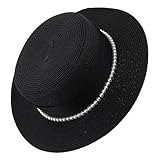 minkissy Handgefertigter Damen Strohhut mit Breiter Krempe Atmungsaktiv Leichter Sommer Strandhut mit Eleganter Perlenverzierung für Urlaub und Outdoor Aktivitäten