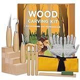 Holzschnitzwerkzeuge Set, 18 in 1 Holzschnitzset mit 8 Lindenholz-Schnitzblockset, 6 Schnitzmesser, Schnittfeste Handschuhe, Rolltasche, Spitzer, Holzschnitzset für Erwachsene, Kinder, Anfänger