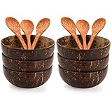 ZENFUN 6er Pack Holzschüssel, Kokosnussschalen mit 6 Holzlöffeln, 450 ml Polierte Kokosnussschalen, Natur Kokosnussschalen Set für Vegane Bio Salat, Smoothie oder Buddha Bowls, Küchenaufbewahrung